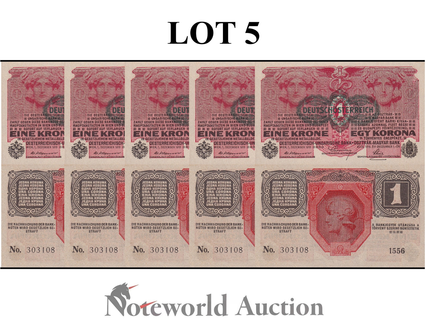 AUSTRIA 1 Krone 1916 P 49 Lot 5 pcs 1/20 Bundle AU UNC
