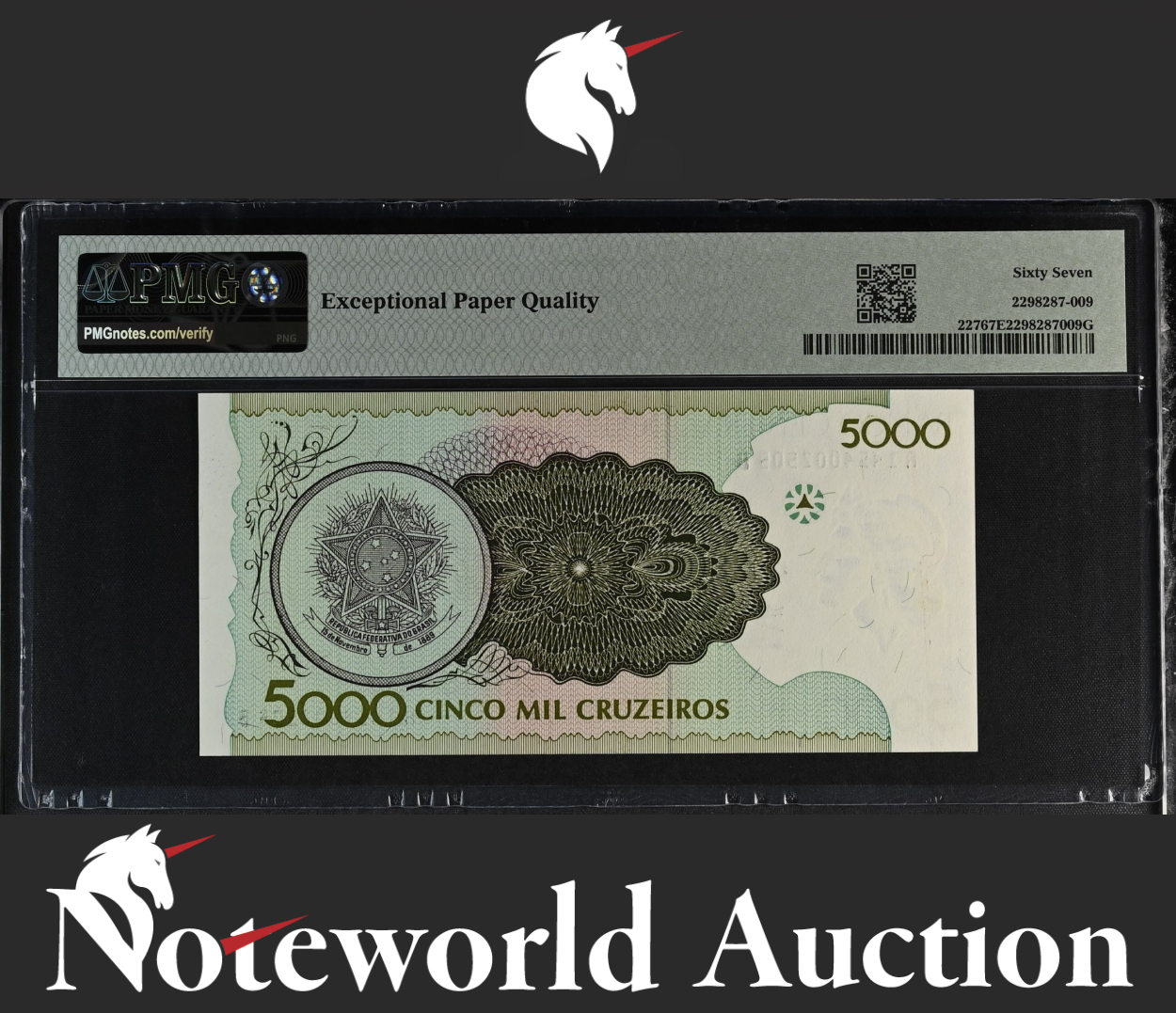 Brazil Banco Central 5000 Cruzeiros 1990 P 227 UNC PMG 67 EPQ 3rd TOP POP