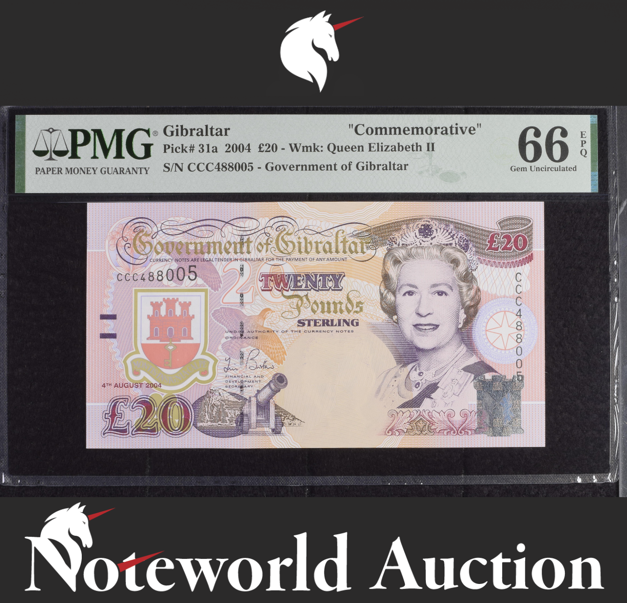 Gibraltar Commemorative £20 2004 P31a Queen Elizabeth II UNC PMG 66 EPQ