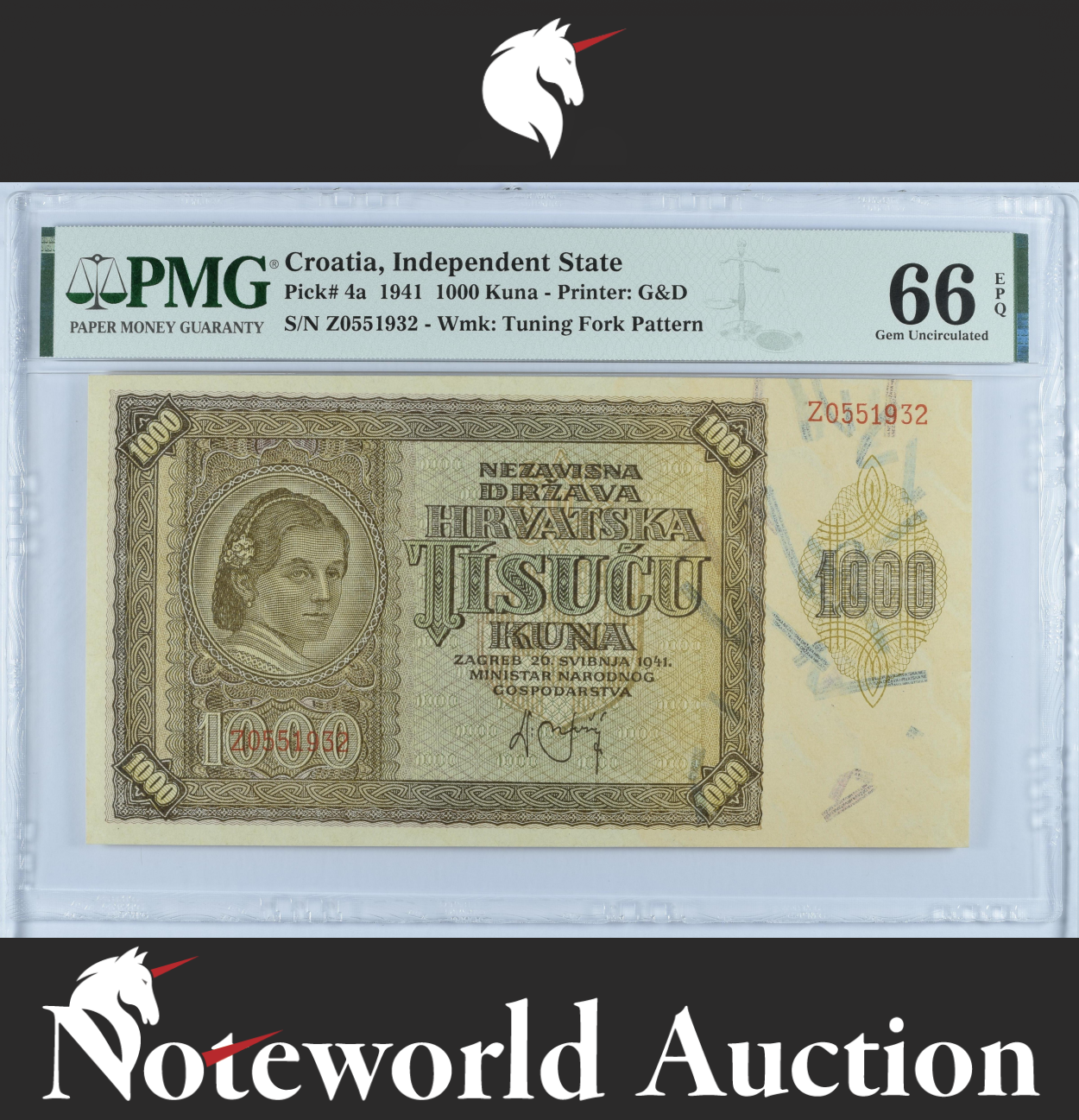 Croatia Independent State 1000 Kuna 1941 P 4a UNC PMG 66 EPQ 2nd TOP POP