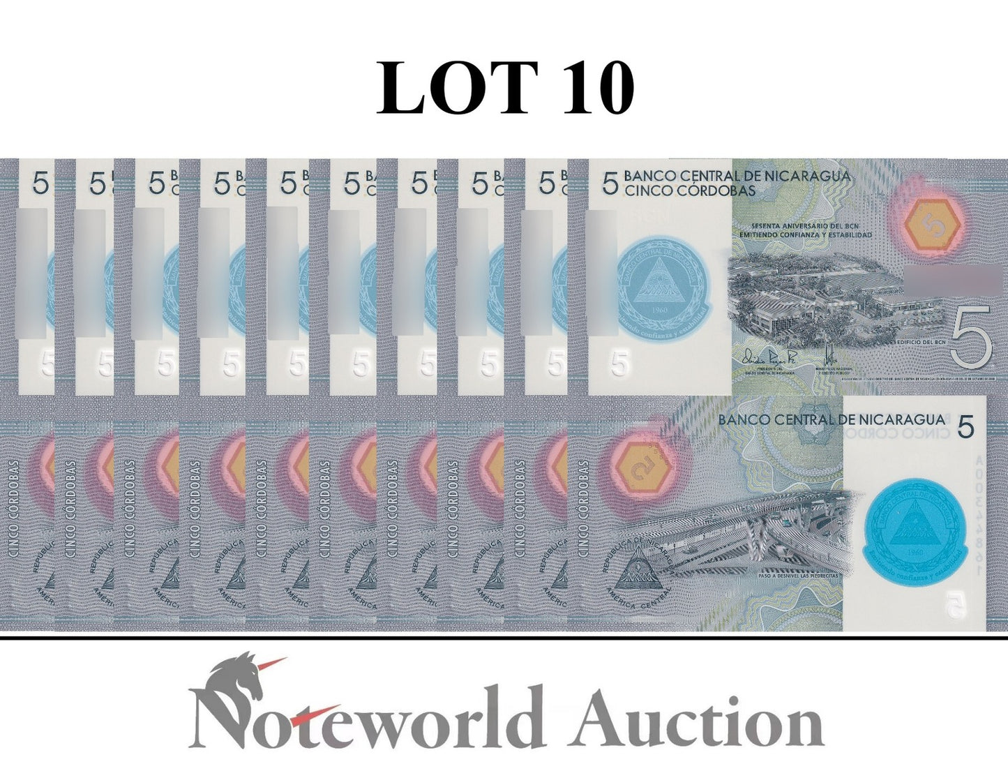 NICARAGUA 5 Cordobas 2019 P 219 COMM. Polymer Lot 10 pcs 1/10 Bundle UNC