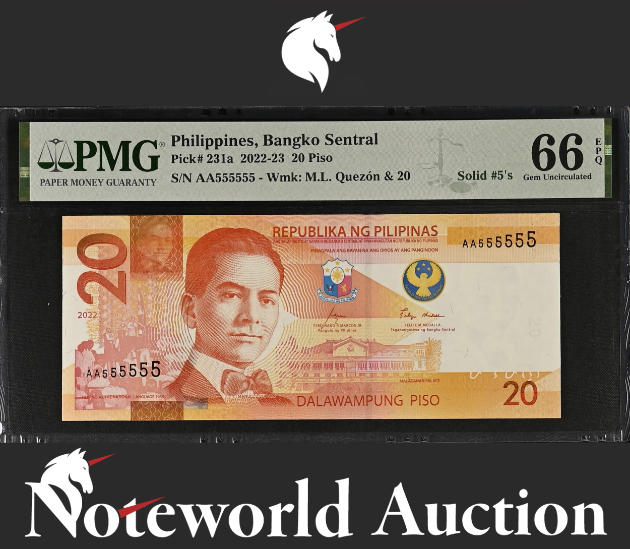 Philippines 20 Piso 2022-23 P 231a Prefix AA SOLID 5 - AA555555 UNC PMG 66 EPQ