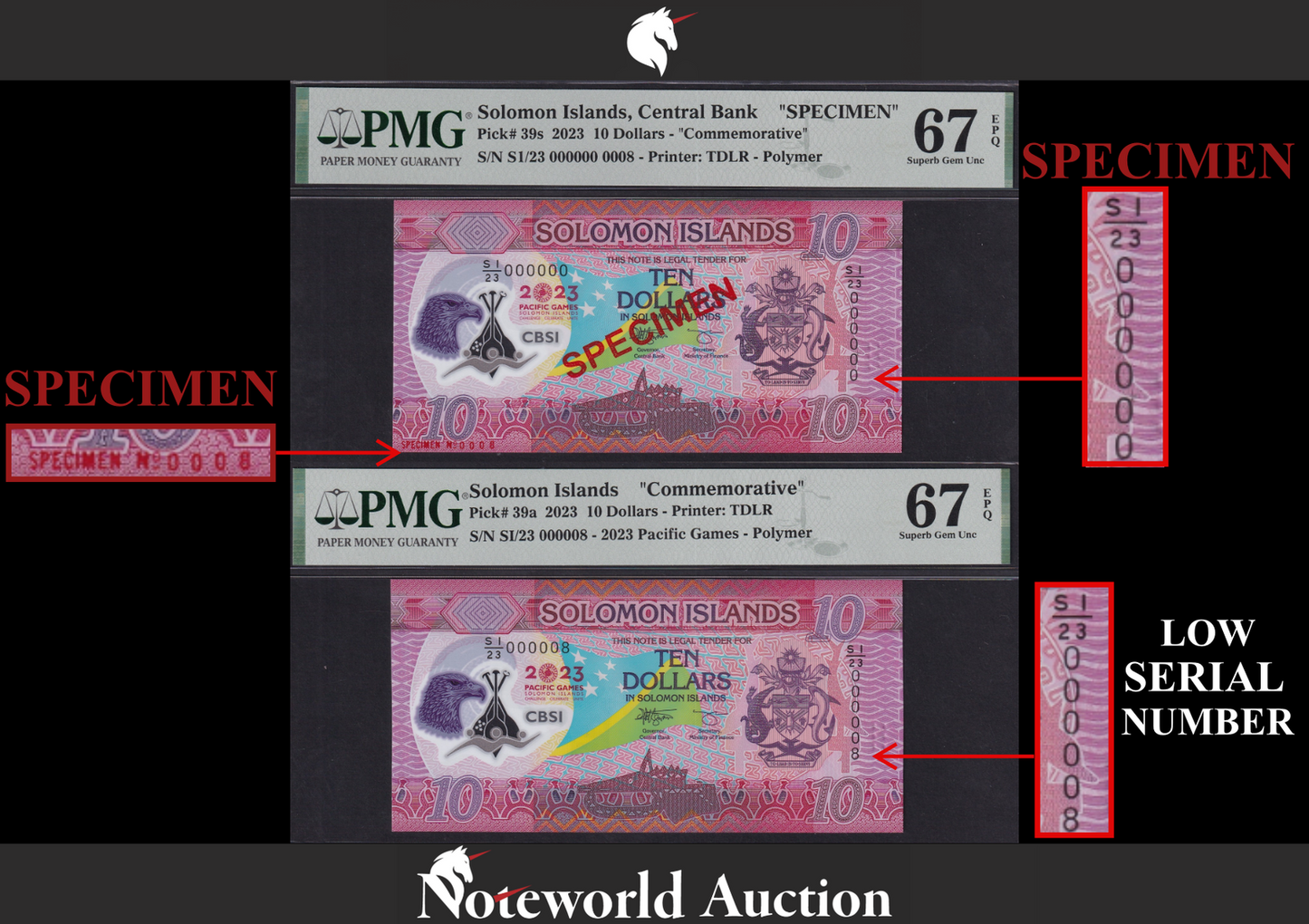 Solomon Islands COMM. Set 2 2023 Polymer Match SPECIMEN LOW No. 8 UNC PMG 67 EPQ
