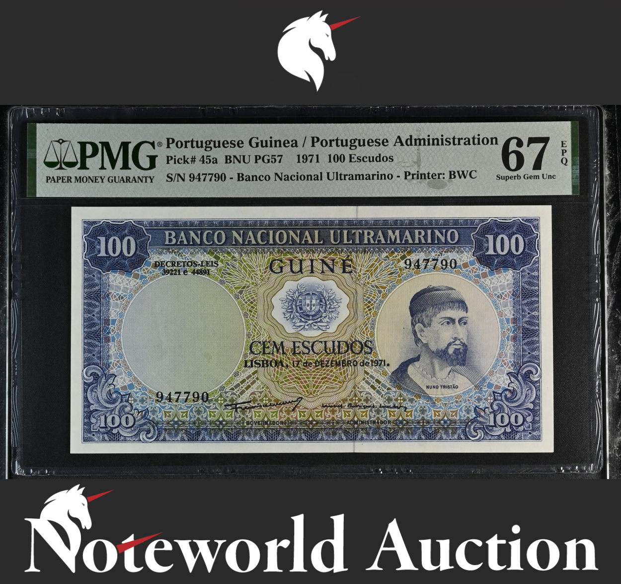 Portuguese Guinea 100 Escudos 1971 P 45a UNC PMG 67 EPQ 2nd TOP POP