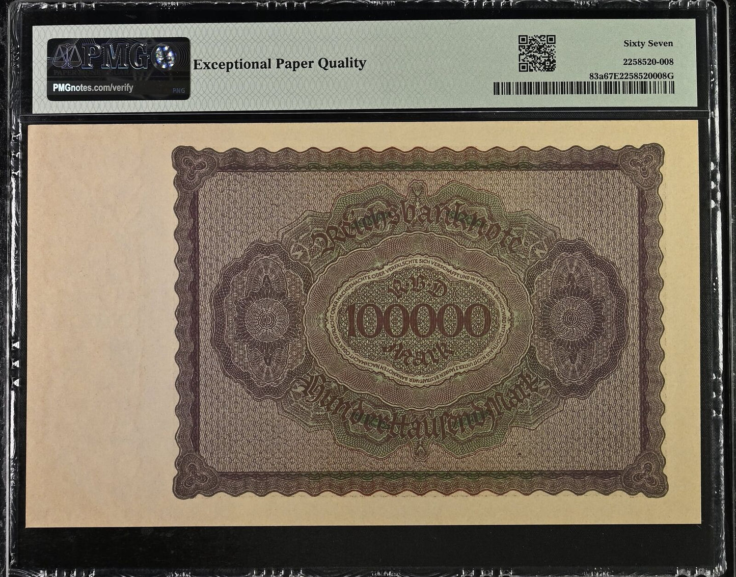 GERMANY TREASURY 100000 Mark 1923 P 83a without ''T'' Top POP UNC PMG 67 EPQ