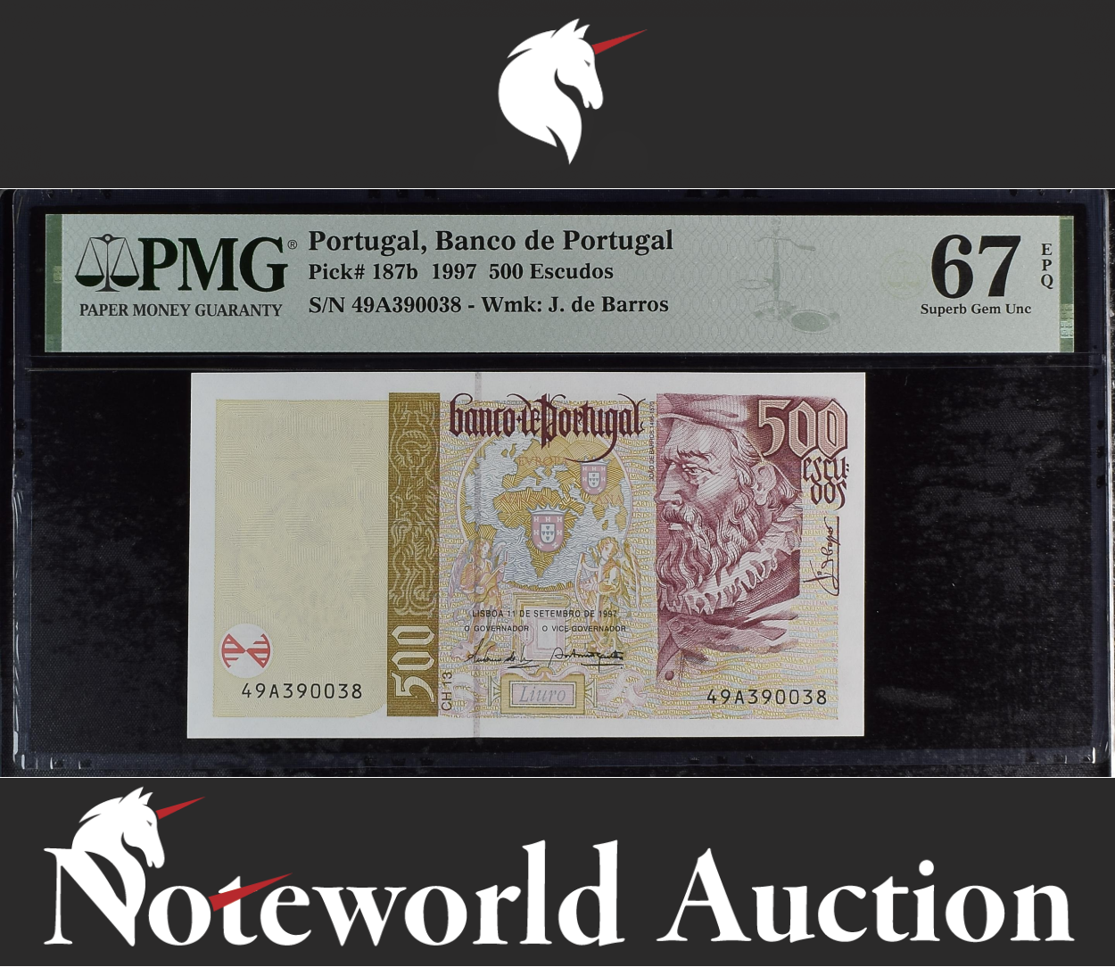 Portugal Banco de Portugal 500 Escudos 1997 P 187b UNC PMG 67 EPQ 2nd TOP POP