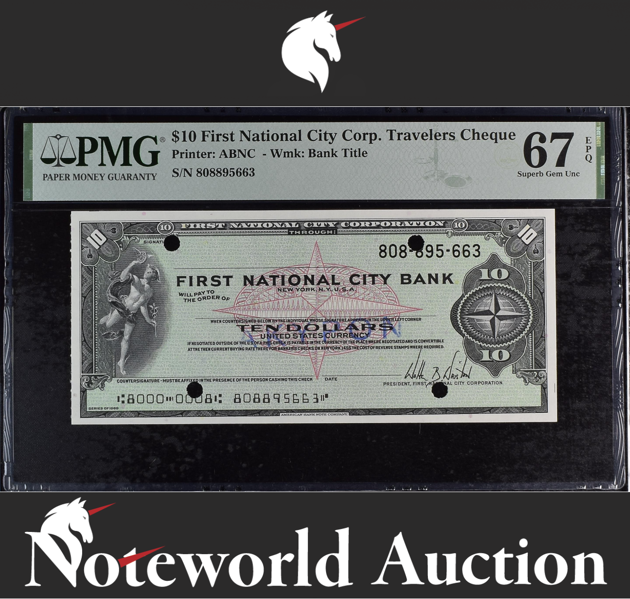 First National City Corp Travel Cheque 10 1969 UNC PMG 67 EPQ