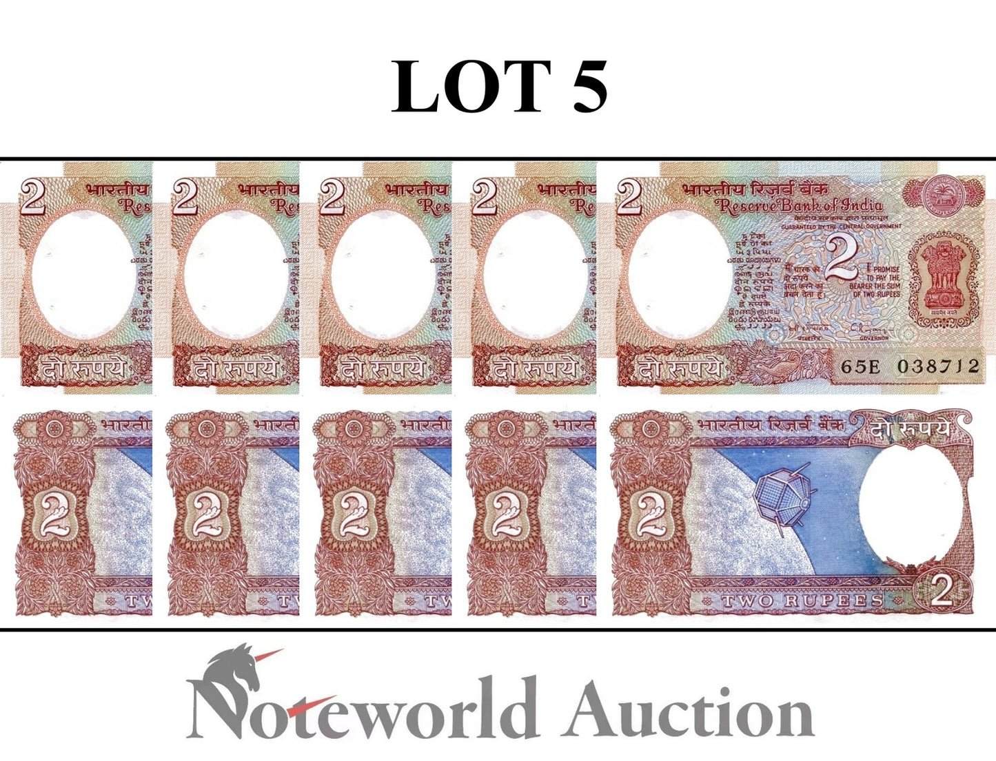 INDIA 2 Rupees 1975-1996 P 79m With Hole Lot 5 pcs 1/20 Bundle UNC