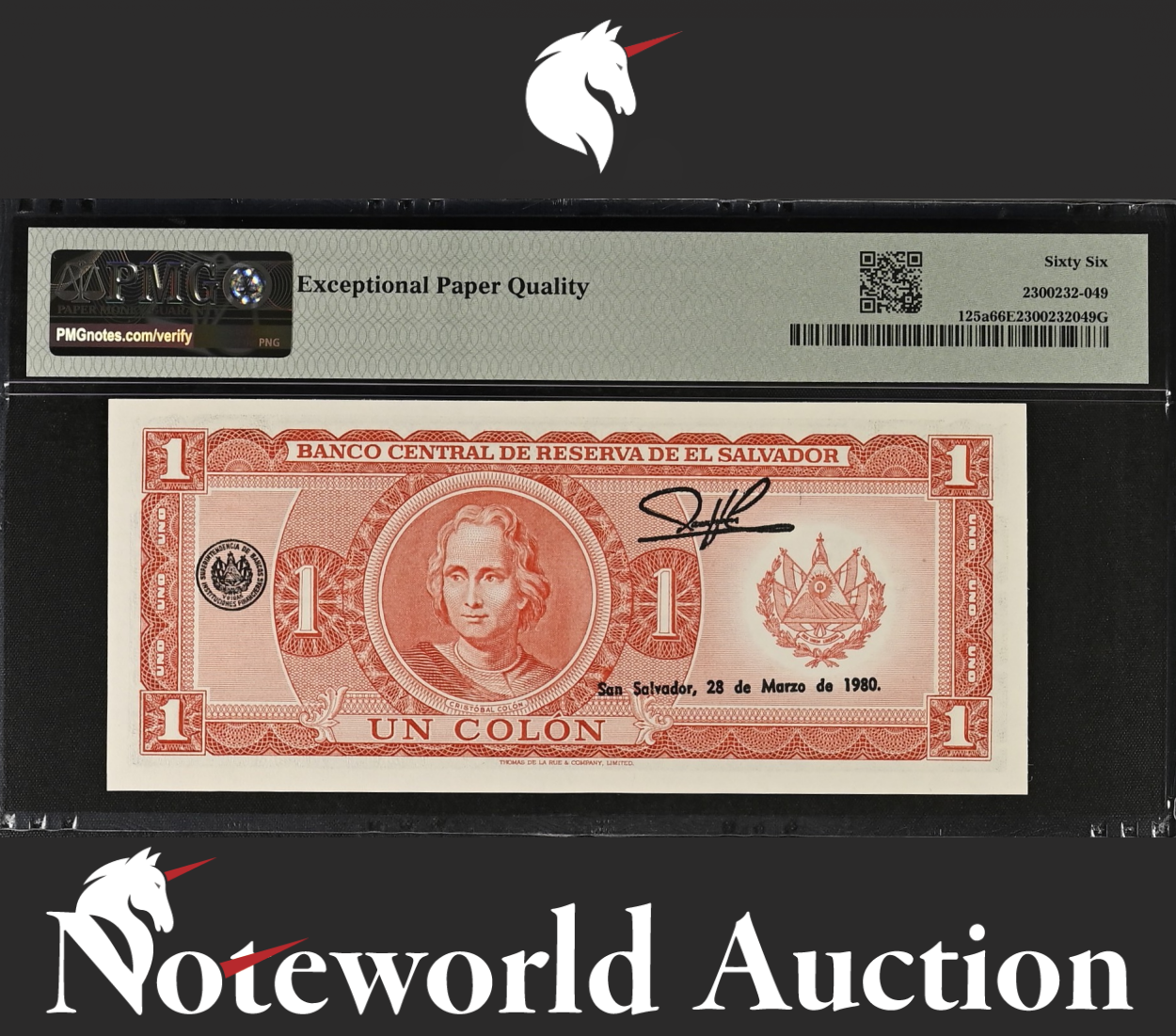 EL SALVADOR Banco Central de Reserva 1 Colon 1977-1978 P 125a UNC PMG 66 EPQ