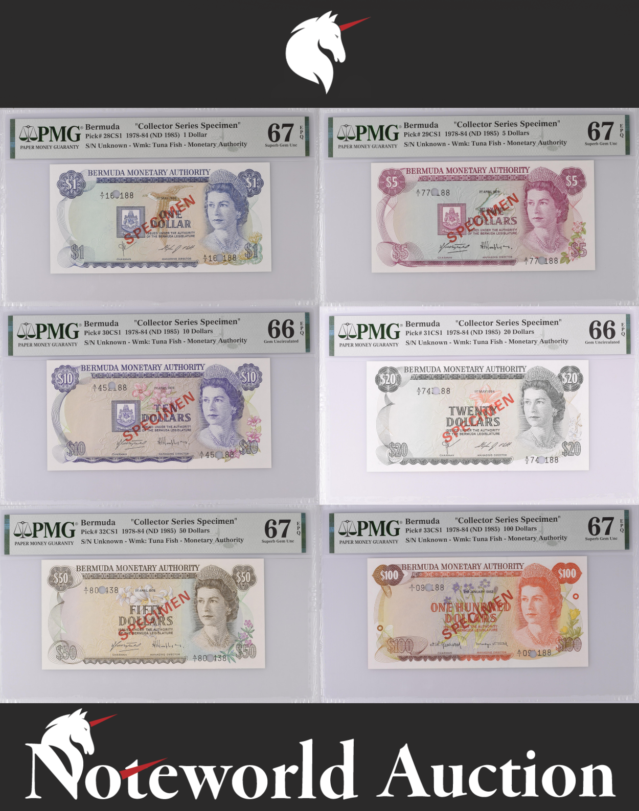 Bermuda Set 6- 1 5 10 20-100 1978-84 Collector Series Specimen UNC PMG 66 67 EPQ