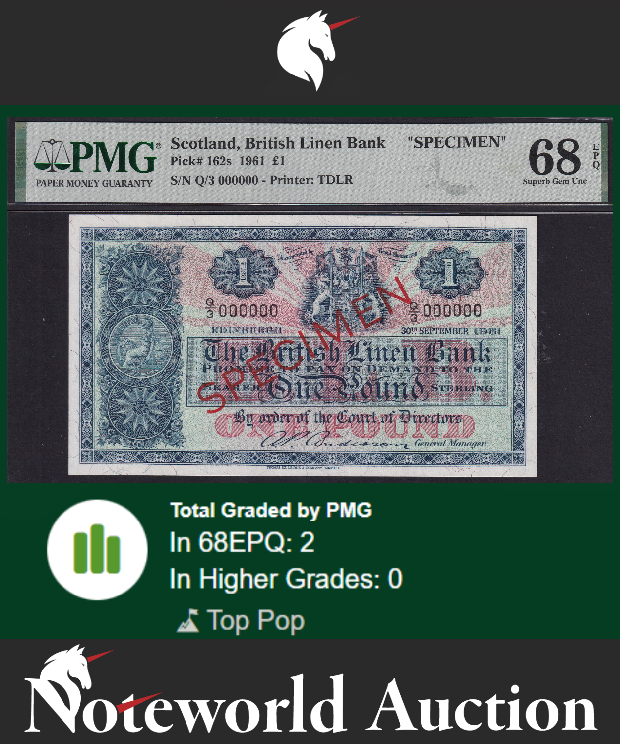 Scotland British Linen Bank £1 1961 P 162s SPECIMEN UNC PMG 68 EPQ TOP POP
