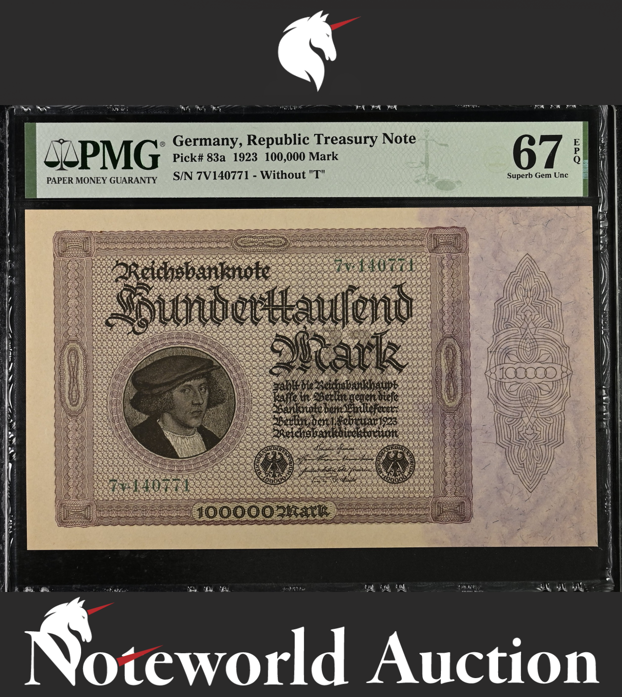 Germany Republic Treasury Note 100000 Mark 1923 P 83a UNC PMG 67 EPQ TOP POP