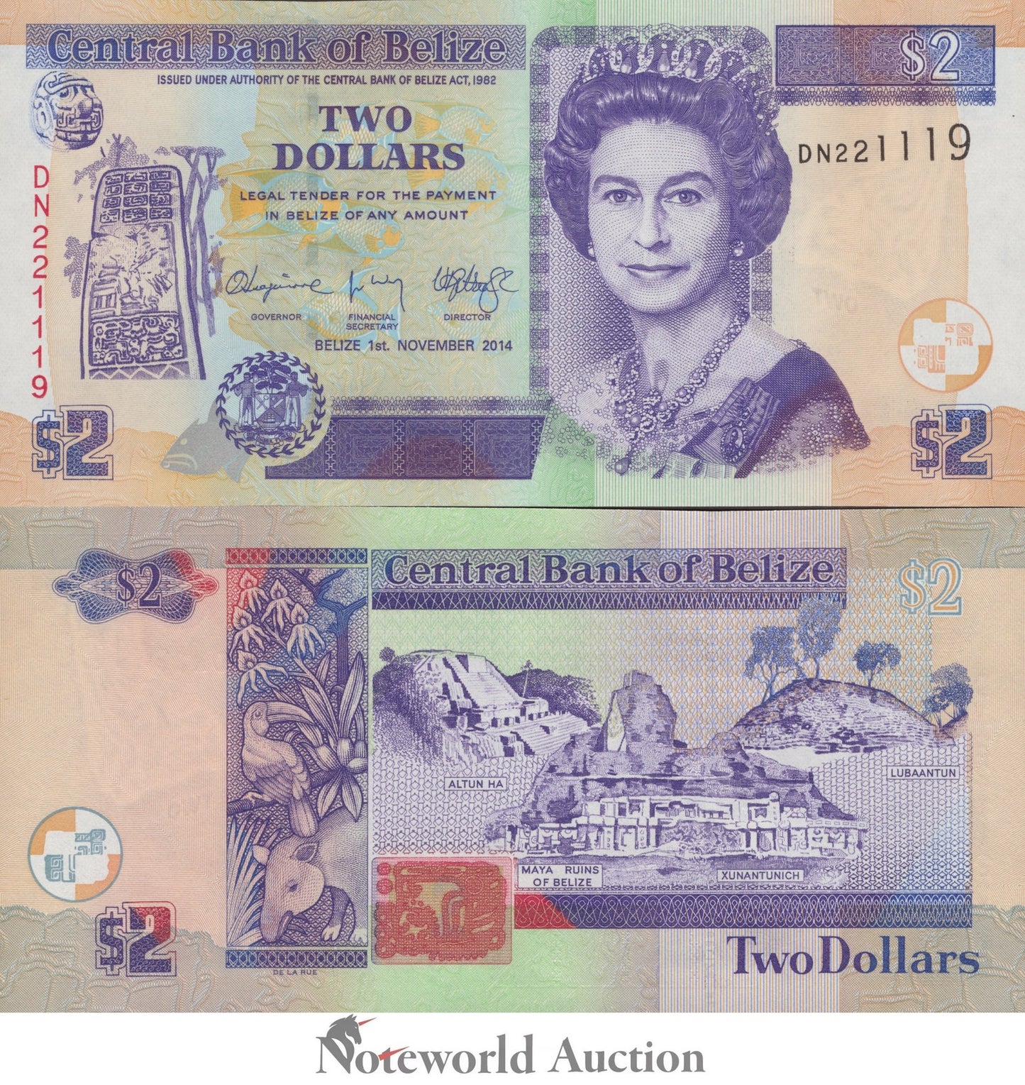 BELIZE Central Bank of Belize 2 Dollars 2014 P 66e Queen QEII UNC