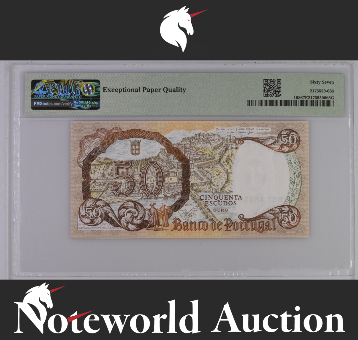 Portugal Banco de Portugal 50 Escudos 1964 P 168 UNC PMG 67 EPQ 2nd TOP POP