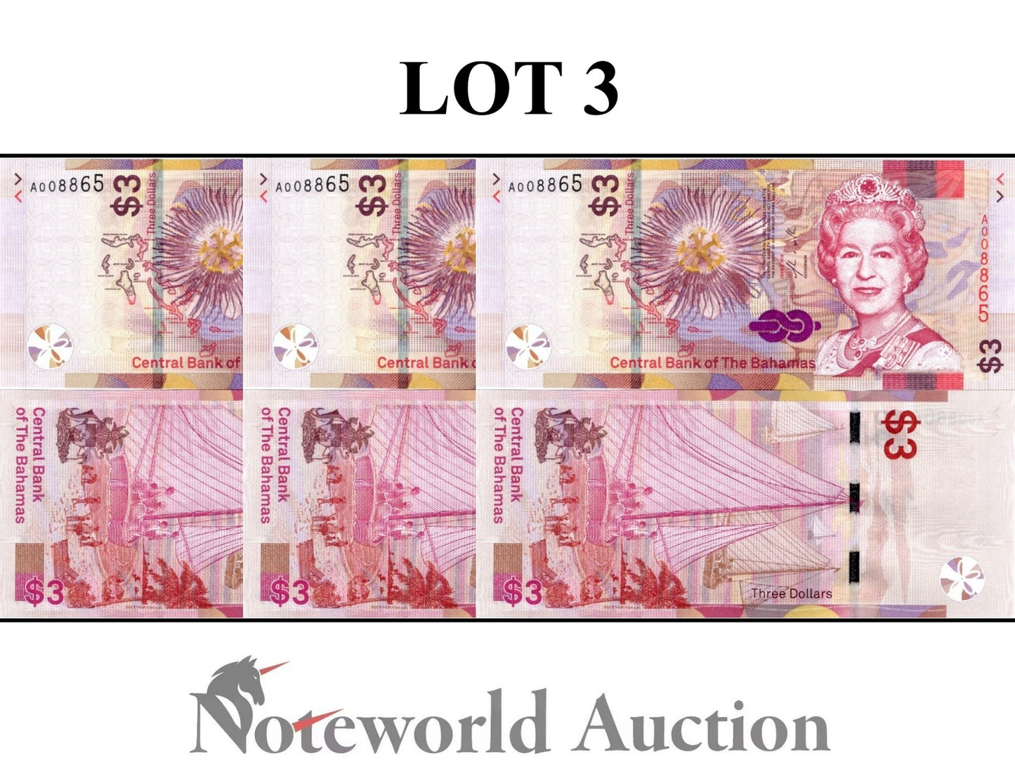 BAHAMAS 3 Dollars 2019 P 78 Fancy Lucky LOW S/N 00XXXX Lot 3 pcs UNC