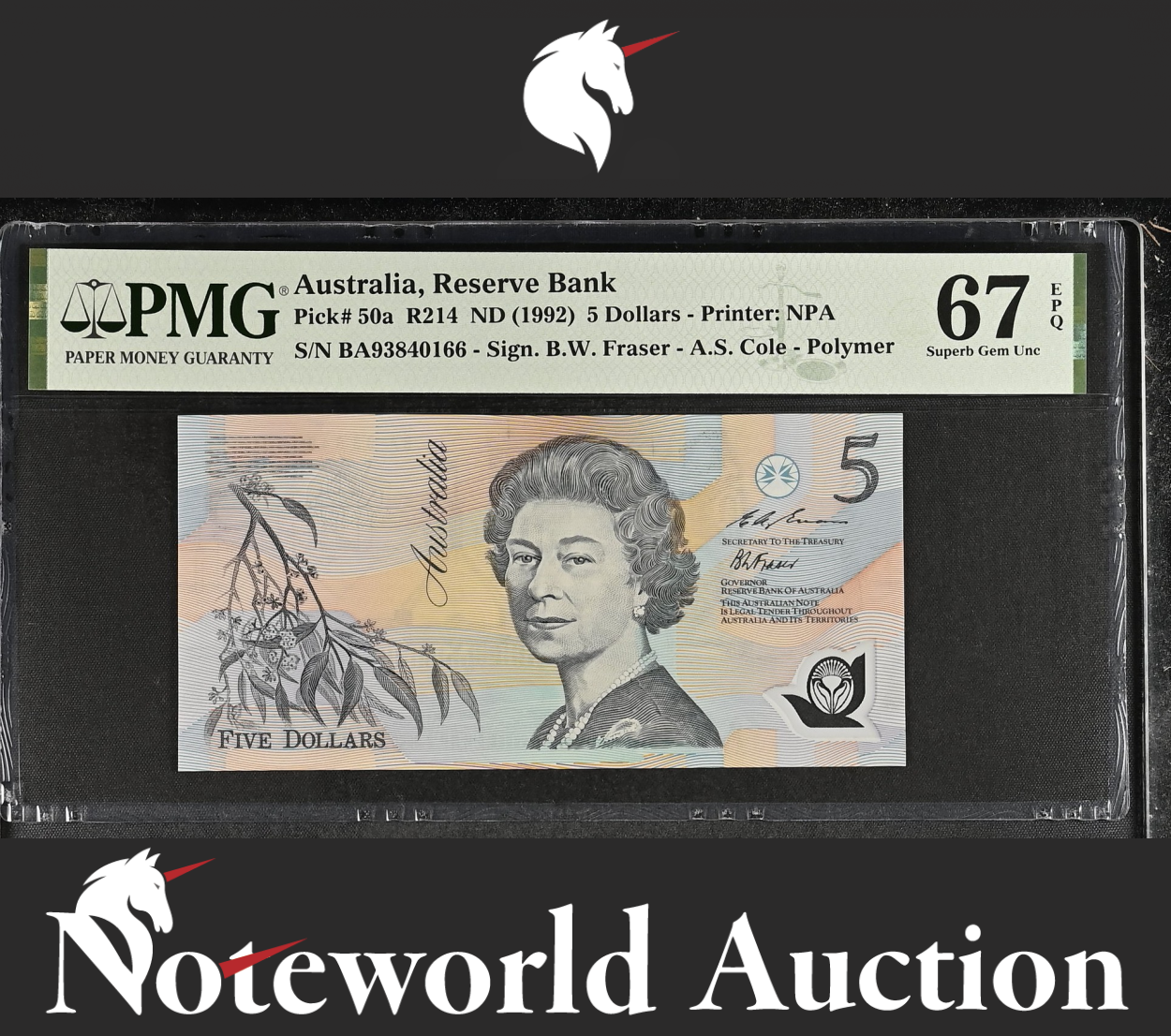 Australia Reserve Bank 5 Dollars ND (1992) P 50a R214 Polymer UNC PMG 67 EPQ