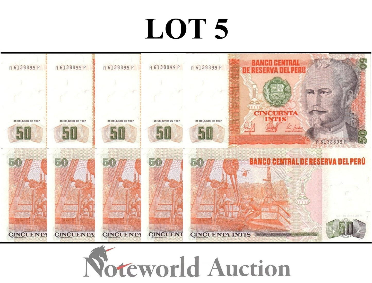 PERU 50 Intis 1987 P 131b Lot 5 pcs 1/20 Bundle UNC
