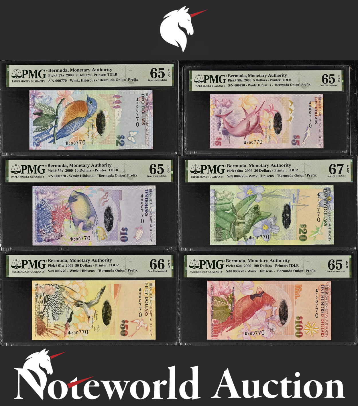 Bermuda Set 6 p - 2 5 10-100 2009 P 57a 58a-62a Match S/N 770 UNC PMG 65-67 EPQ
