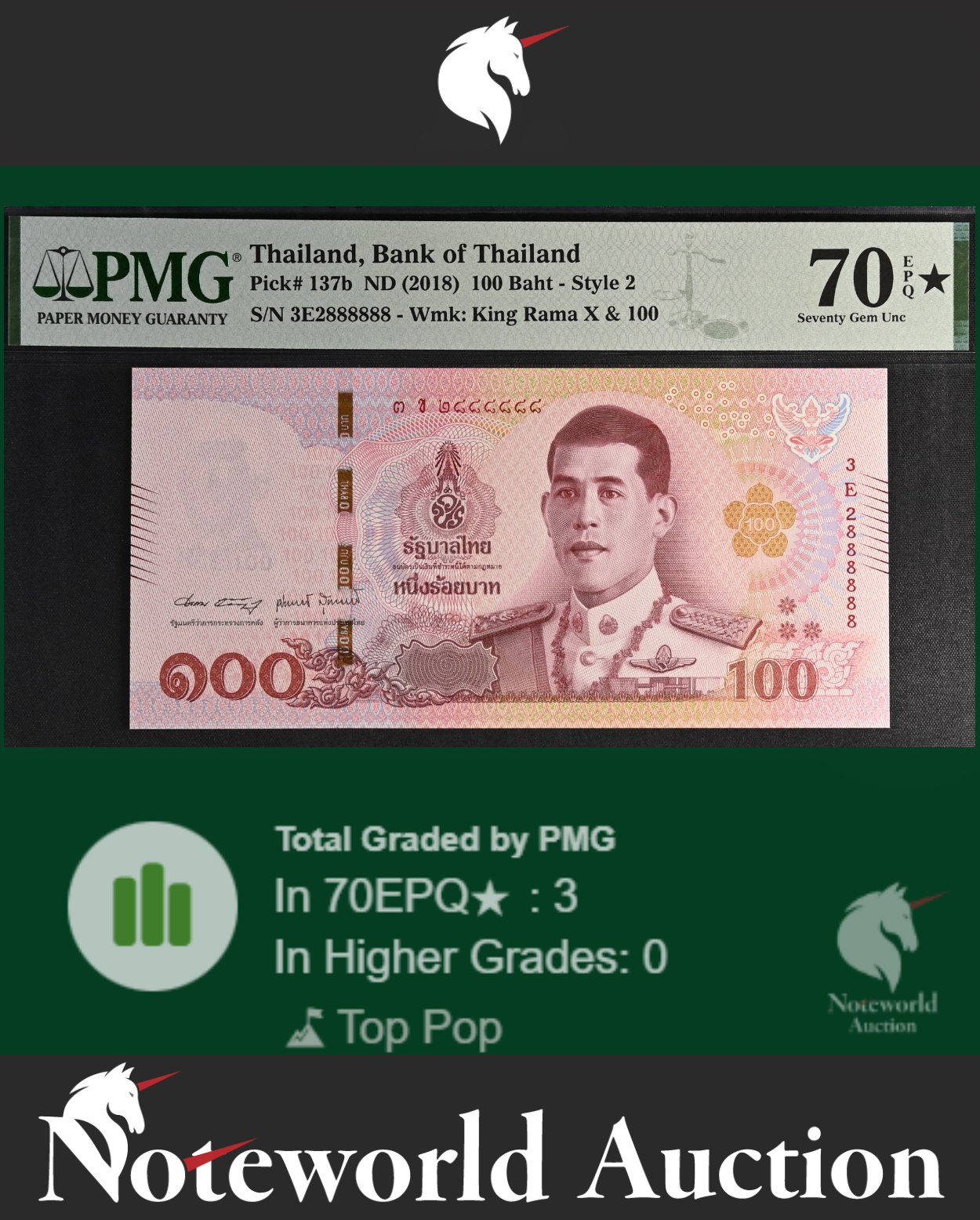 Thailand 100 ND 2018 P 137b Almost SOLID No. 2888888 UNC PMG 70 EPQ STAR TOP POP