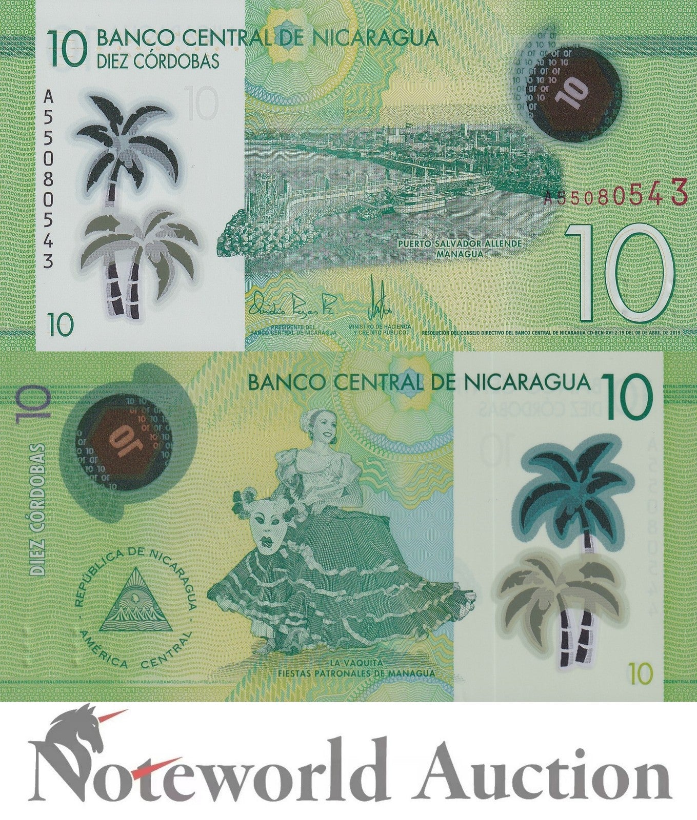 NICARAGUA 10 Cordobas 2019 P 209a Polymer Lot 10 pcs 1/10 Bundle UNC