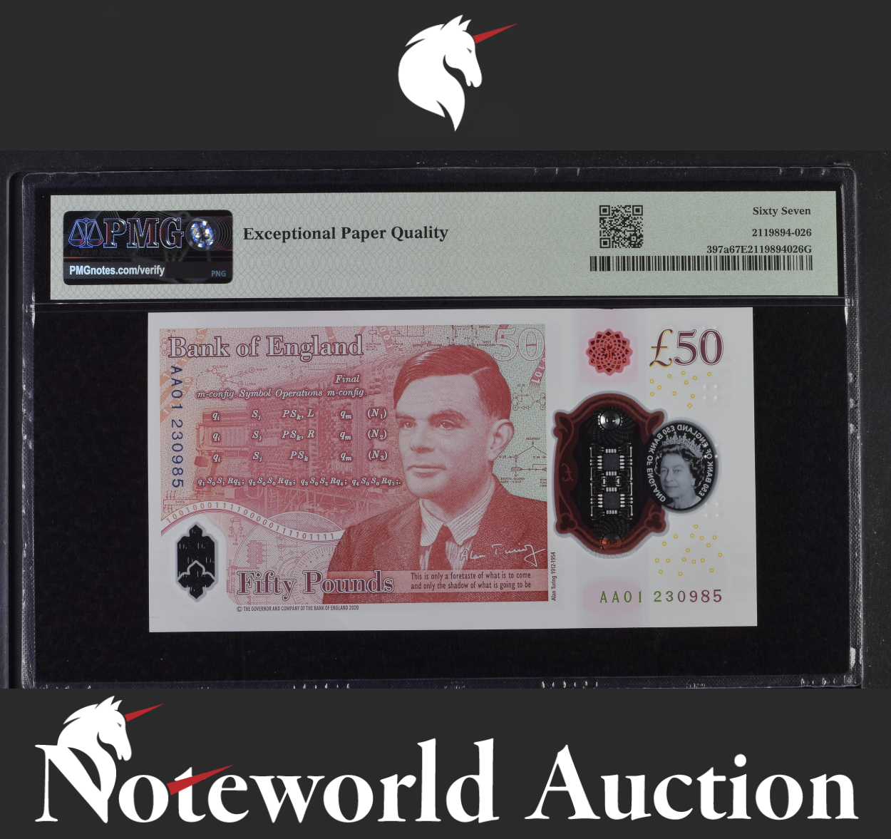 Great Britain 50 Pounds 2020 ND 2021 P 397a Polymer Prefix AA01 UNC PMG 67 EPQ