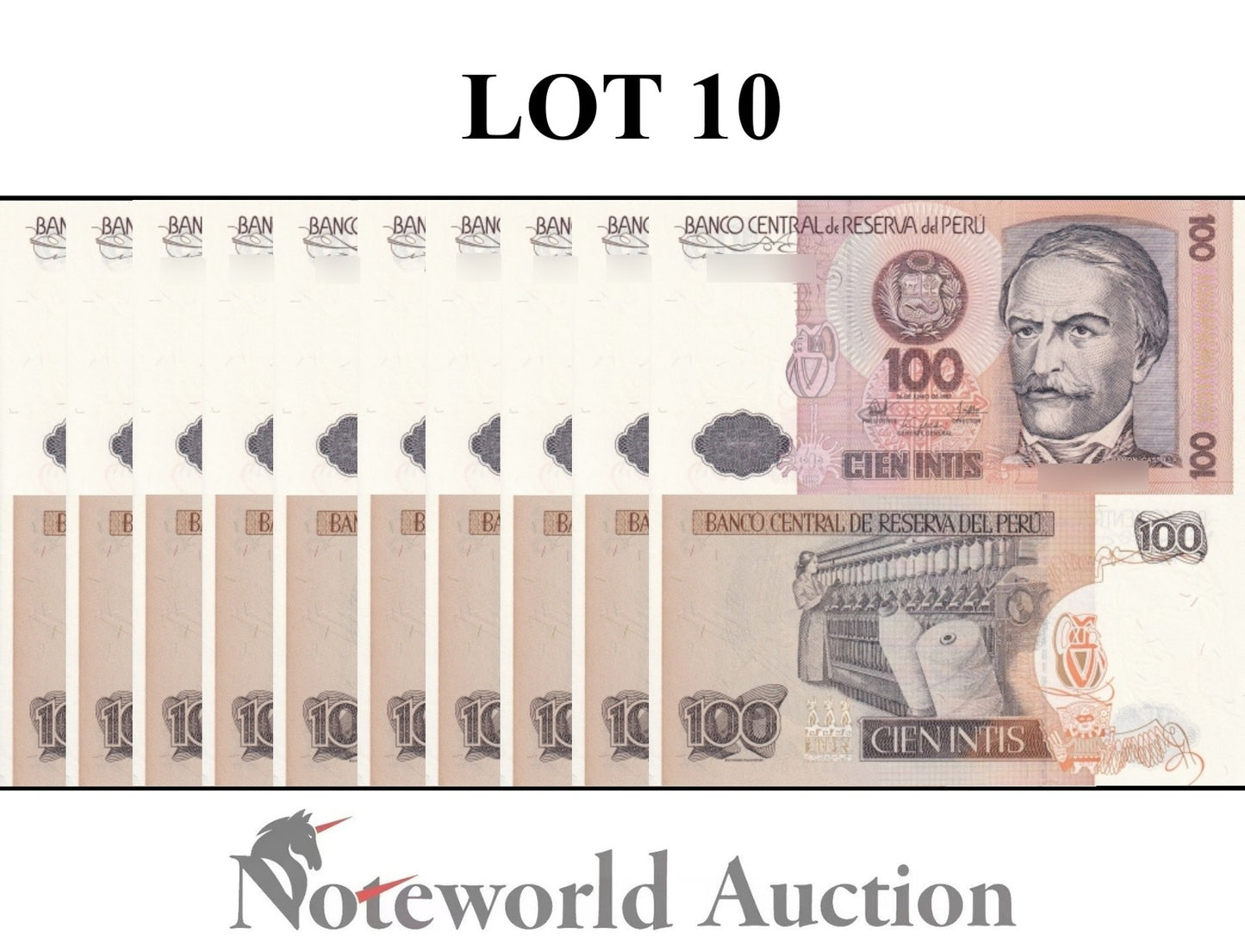 PERU 100 lntis 1987 P 133 Lot 10 pcs 1/10 Bundle UNC
