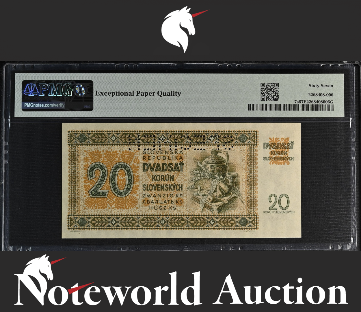 Slovakia Republic 20 Korun 1942 P 7s SPECIMEN UNC PMG 67 EPQ TOP POP