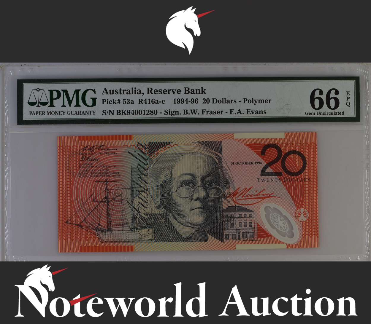 Australia Reserve Bank 20 Dollars 1994 P 53a Polymer UNC PMG 66 EPQ