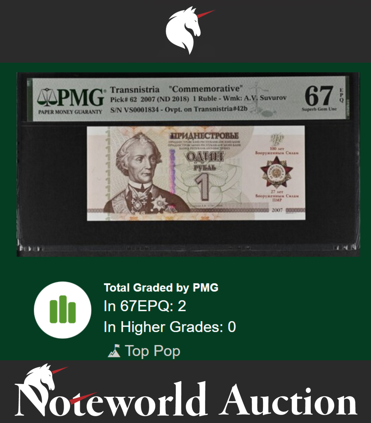 Transnistria COMM. 2007 P 62 Fancy LOW S/N 0001834 UNC PMG 67 EPQ TOP POP
