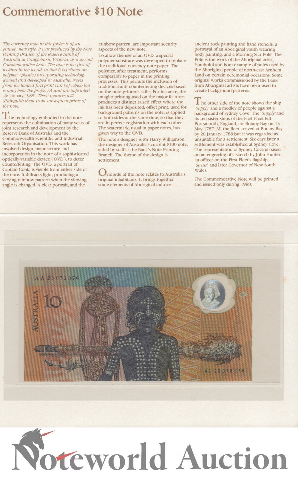 AUSTRALIA 10 Dollars 1988 P 49a Commemorative Polymer Prefix AA With Folder UNC