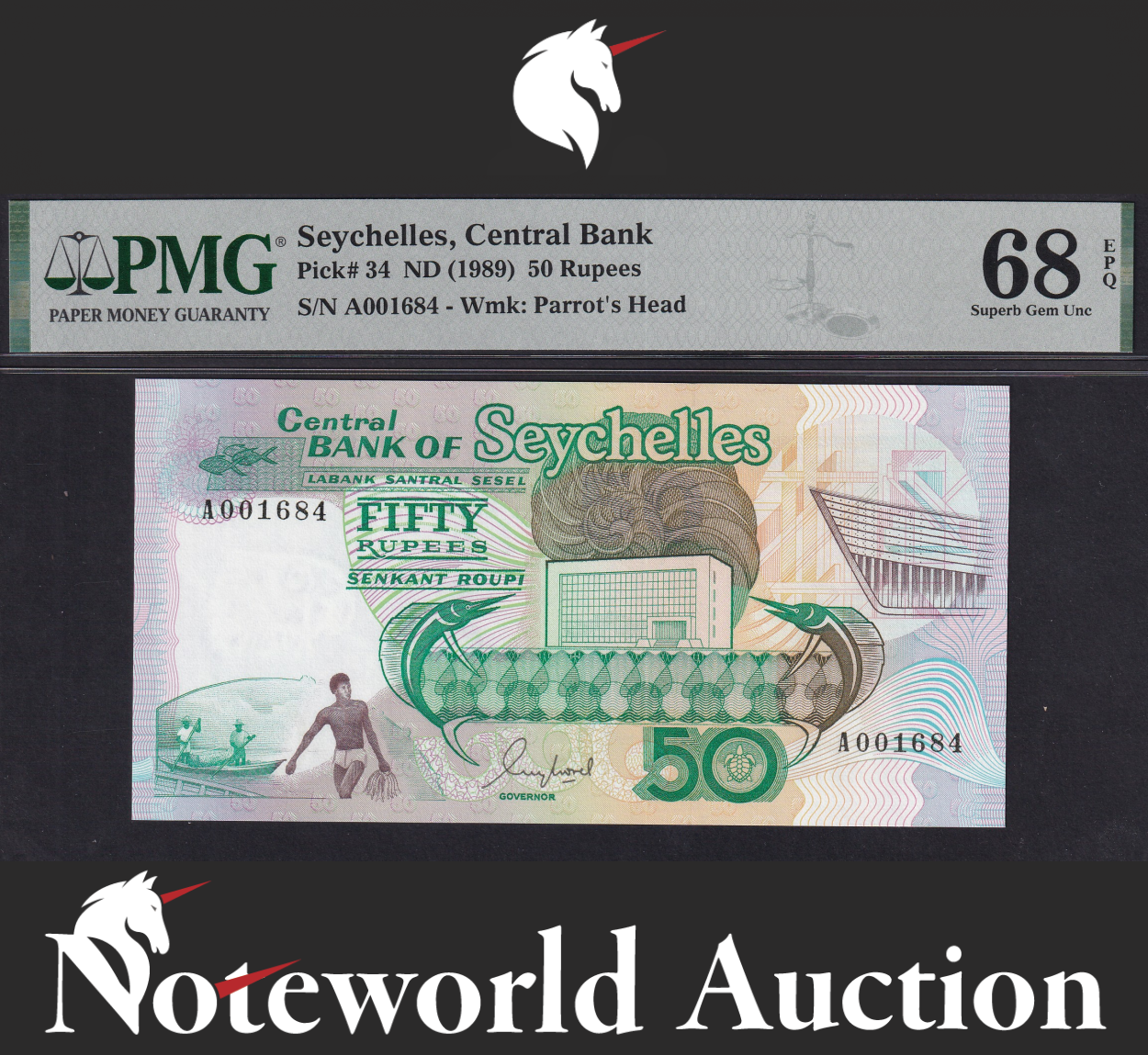 Seychelles Central Bank 50 Rupees ND (1989) P 34 UNC PMG 68 EPQ TOP POP