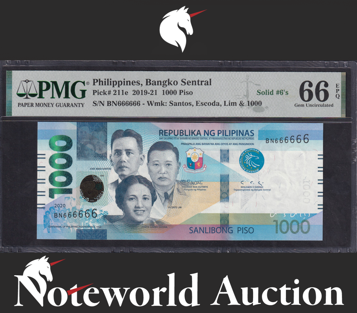 Philippines 1000 2020 P 211e Fancy SOLID 6 - 666666 UNC PMG 66 EPQ 3rd TOP POP