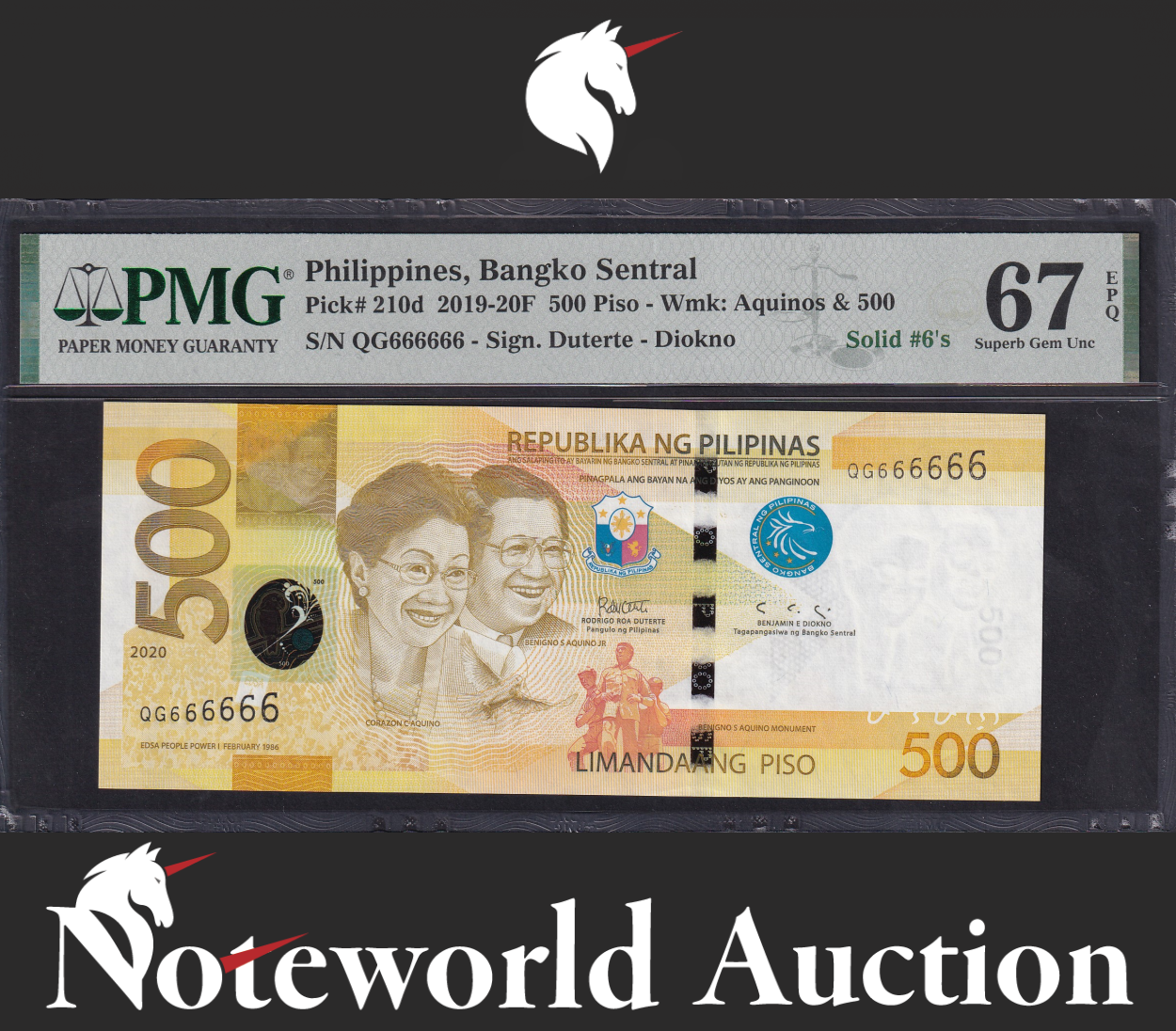 Philippines 500 Piso 2020 P 210d Fancy SOLID 6 - 666666 UNC PMG 67 EPQ TOP POP