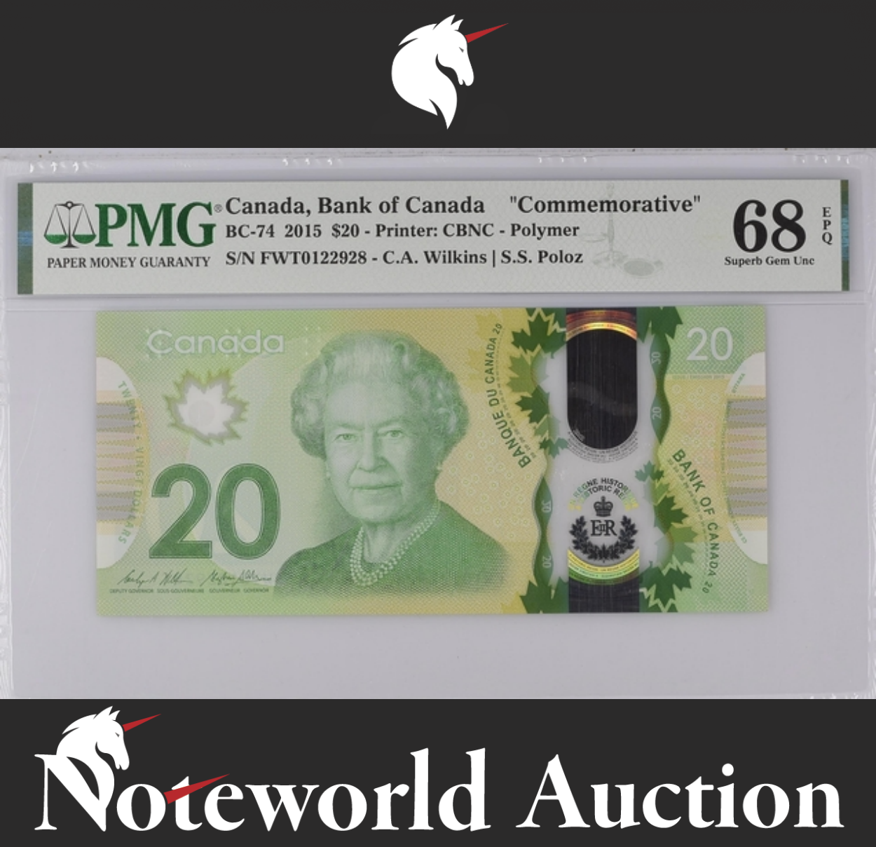 Canada ""Commemorative" $20 Printer 2015 BC-74 Polymer UNC PMG 68 EPQ
