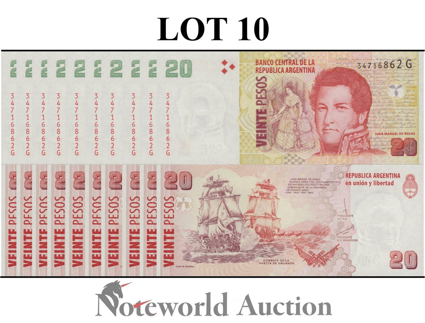 ARGENTINA 20 Pesos ND 2003 P 355c Lot 10 pcs 1/10 Bundle UNC