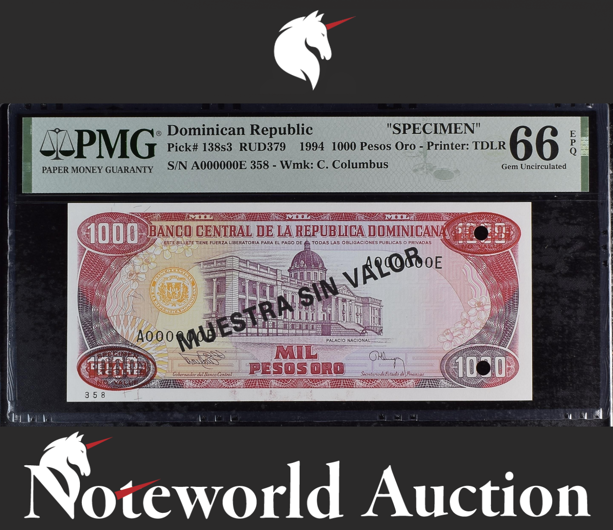 Dominican Republic SPECIMEN 1000 Pesos 1994 P 138s3 UNC PMG 66 EPQ 2nd TOP POP