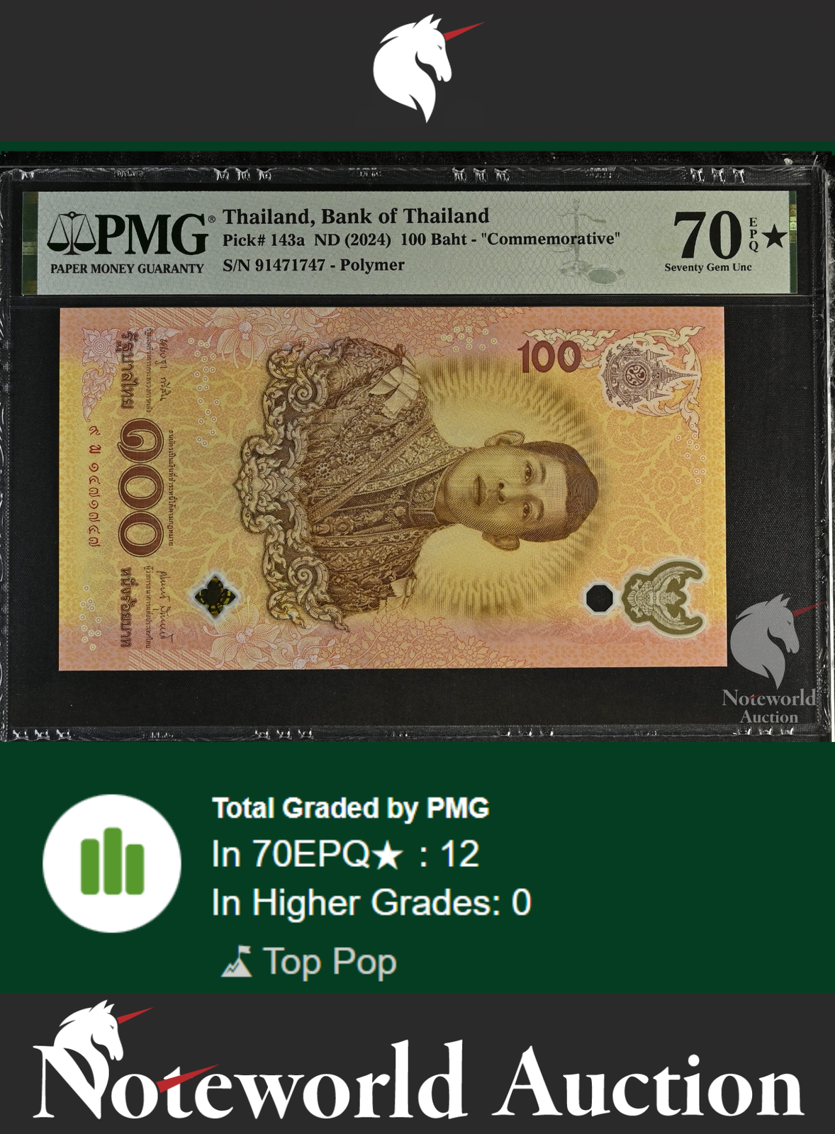 Thailand 100 ND (2024) COMM. P 143a Polymer UNC PMG 70 EPQ EXTRA STAR TOP POP