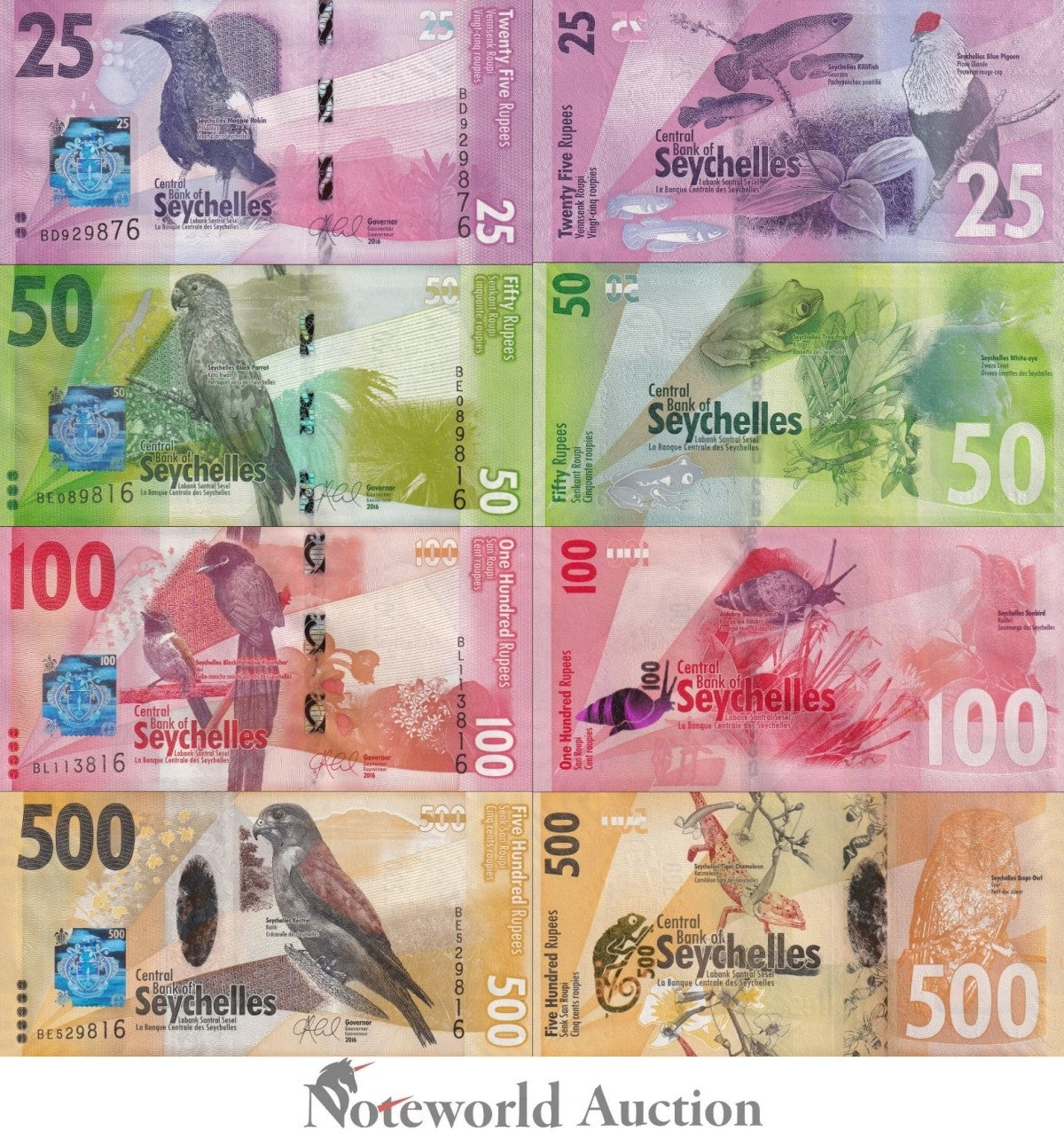 SEYCHELLES 25 50 100 500 Rupees 2016 P 48 49 50 51 Birds Issue Set 4 pcs UNC