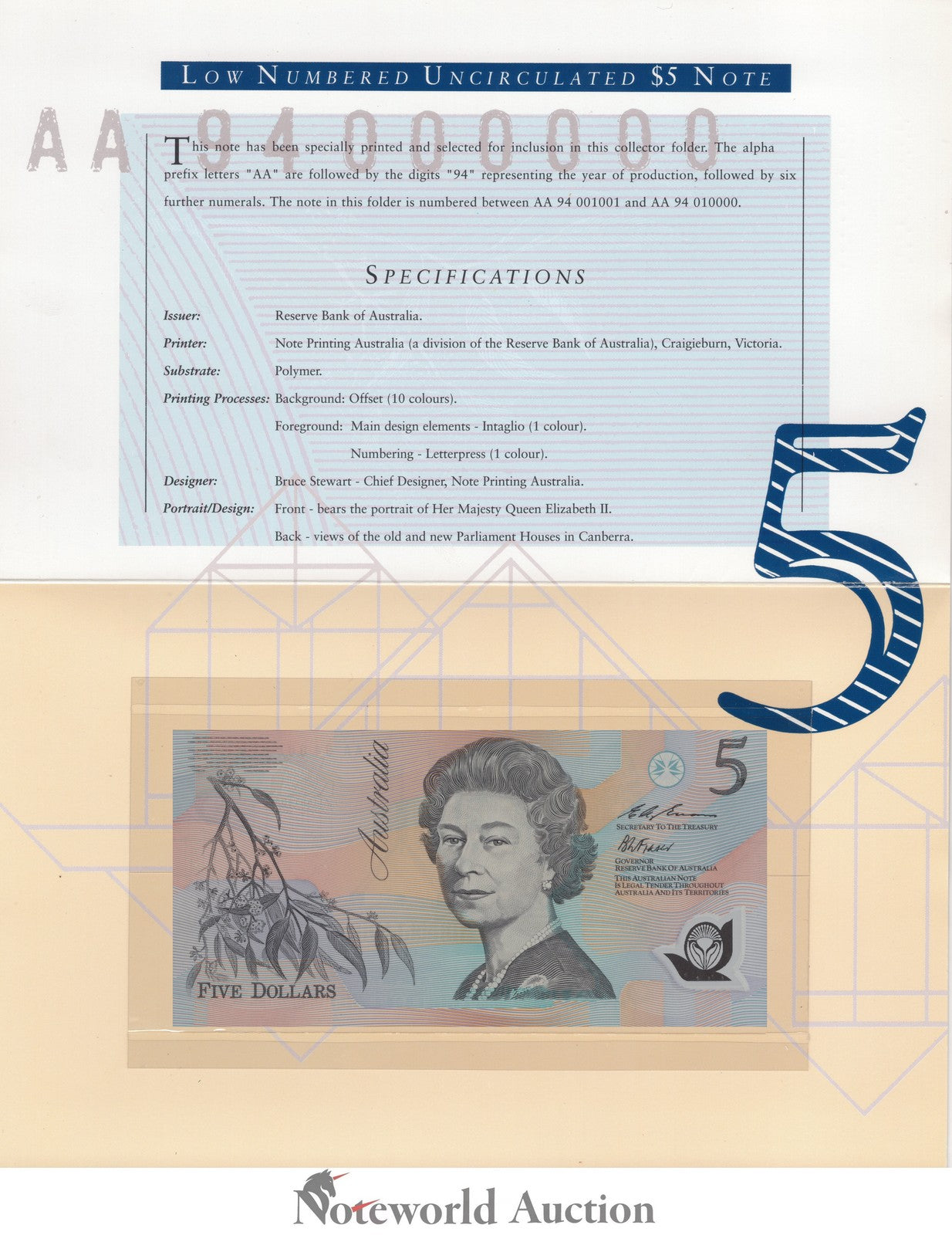 AUSTRALIA 5 Dollars 1993 P 50c Polymer Prefix AA With Folder UNC