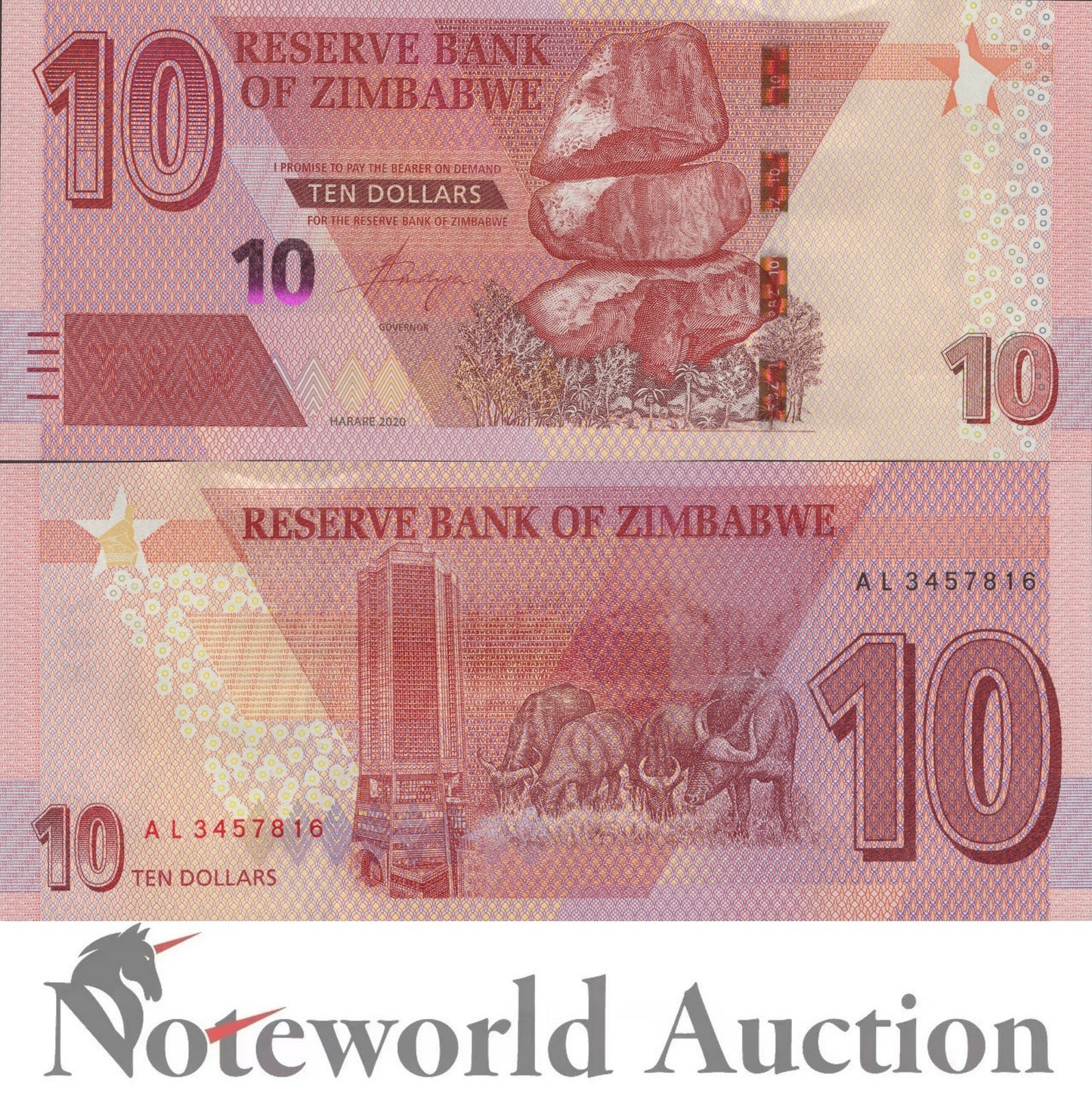 ZIMBABWE 10 Dollars 2020 P 103 Lot 10 pcs 1/10 Bundle UNC