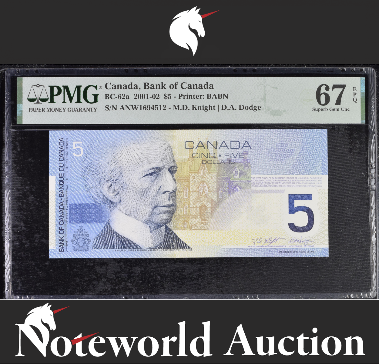 Canada Bank of Canada $5 2001-02 BC-62a UNC PMG 67 EPQ