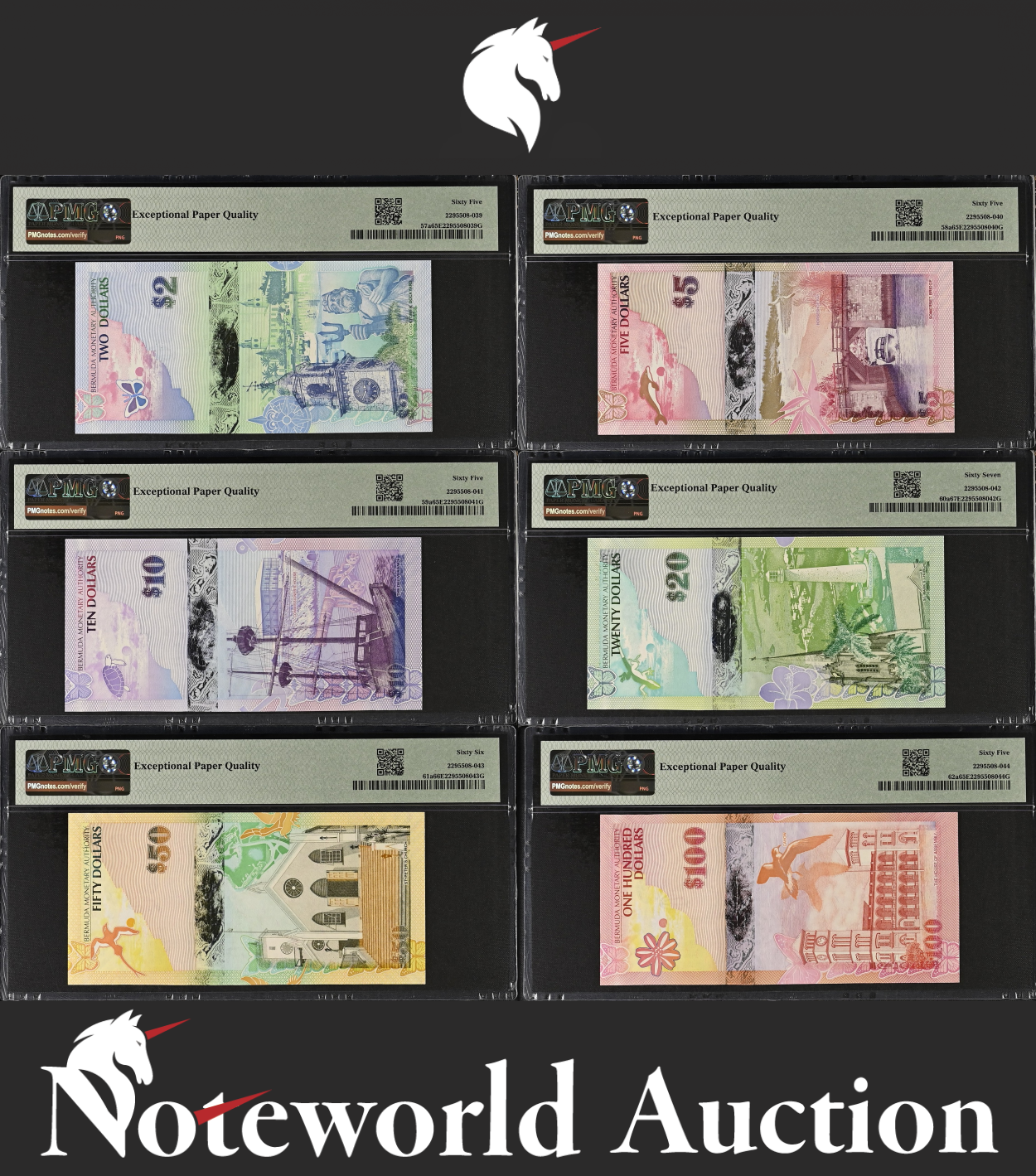 Bermuda Set 6 p - 2 5 10-100 2009 P 57a 58a-62a Match S/N 770 UNC PMG 65-67 EPQ
