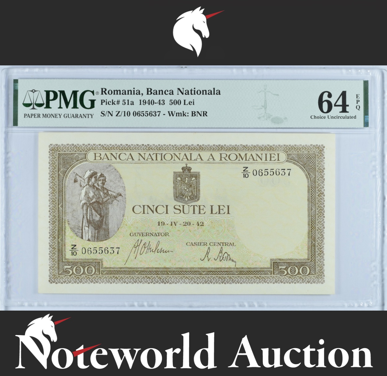 Romania Banca Nationala 500 Lei 1940-43 P 51a UNC PMG 64 EPQ