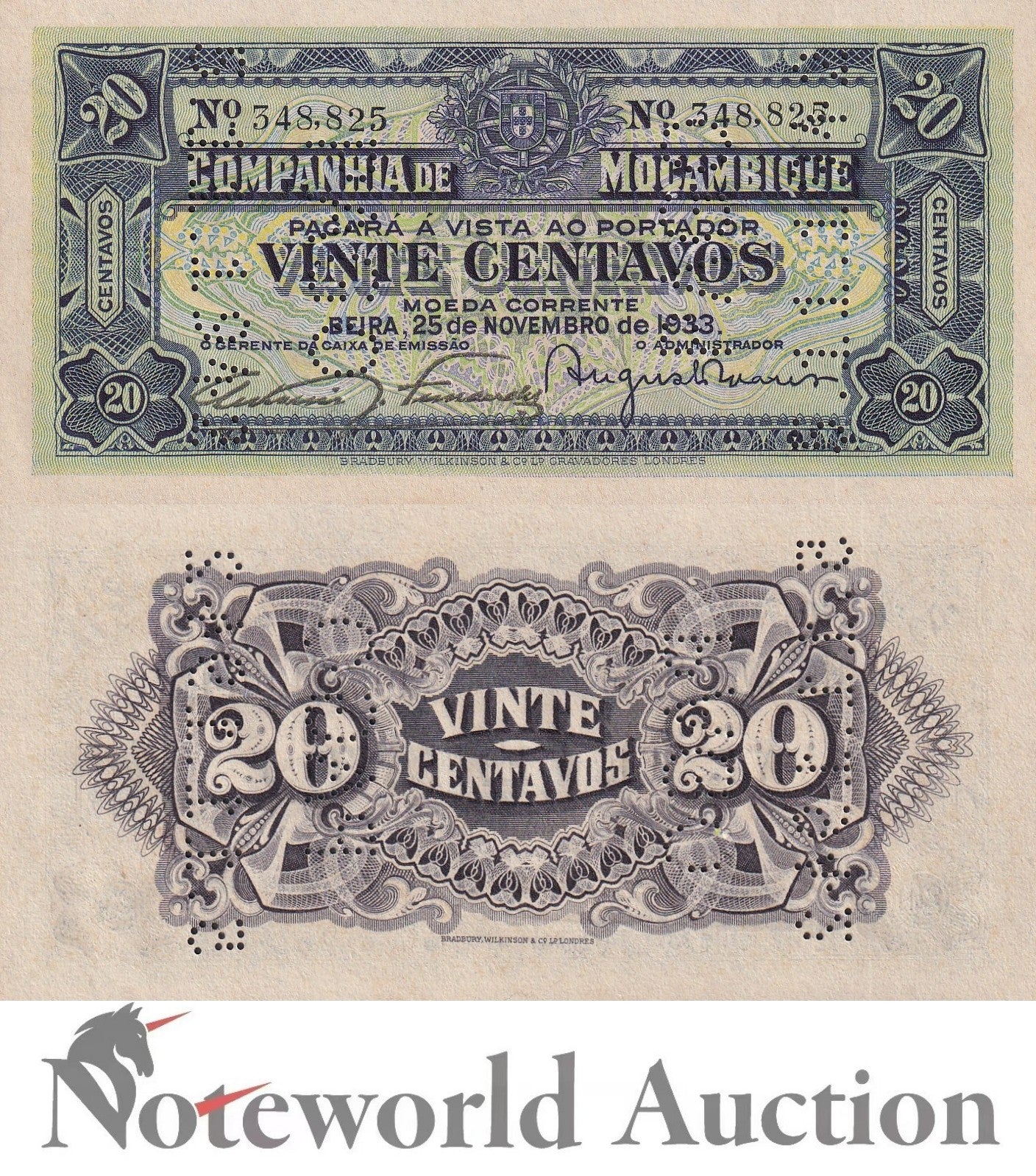 MOZAMBIQUE 20 Centavos 1933 P R29 MINOR FOXING Lot 10 pcs 1/10 Bundle UNC