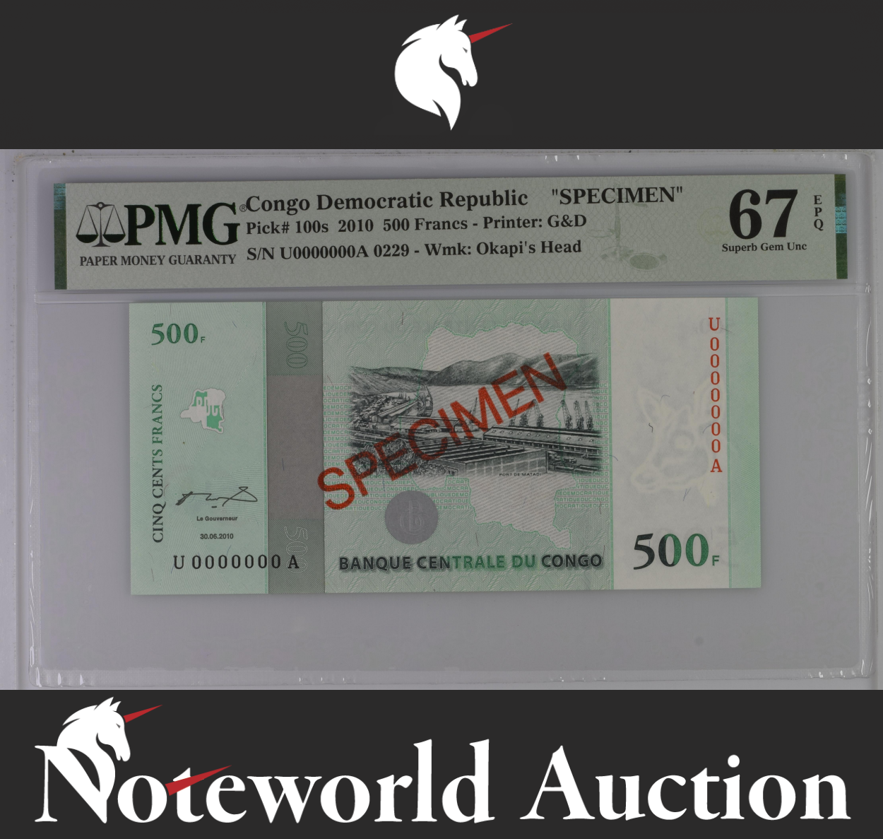 Congo SPECIMEN COMM. 500 Francs 2010 P 100s UNC PMG 67 EPQ 2nd TOP POP