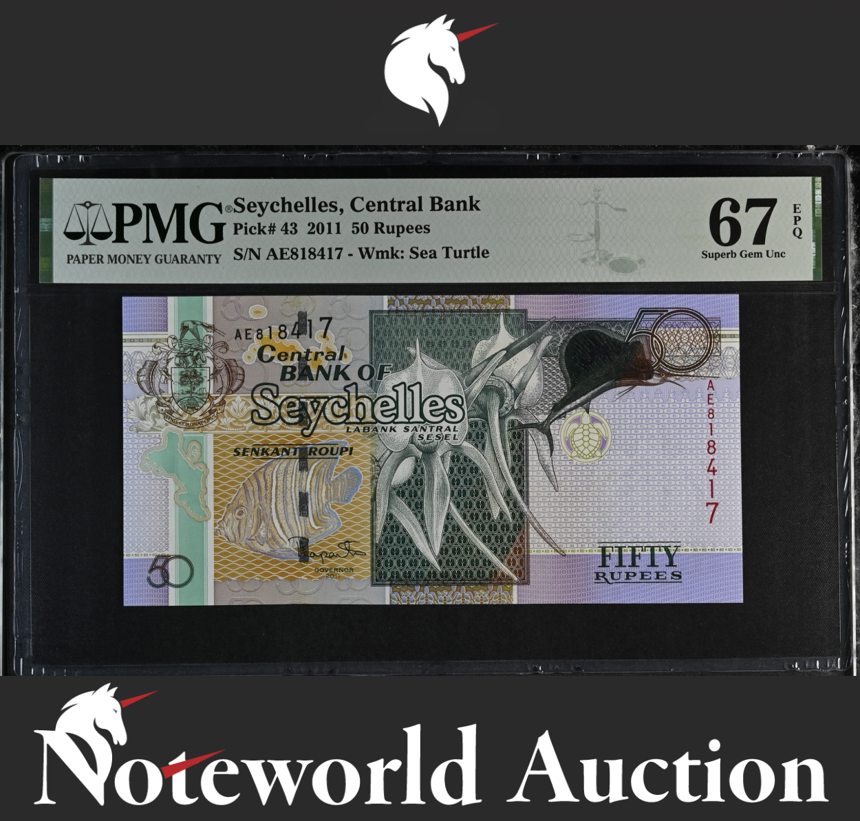 Seychelles Central Bank 50 Rupees 2011 P 43 UNC PMG 67 EPQ 2nd TOP POP