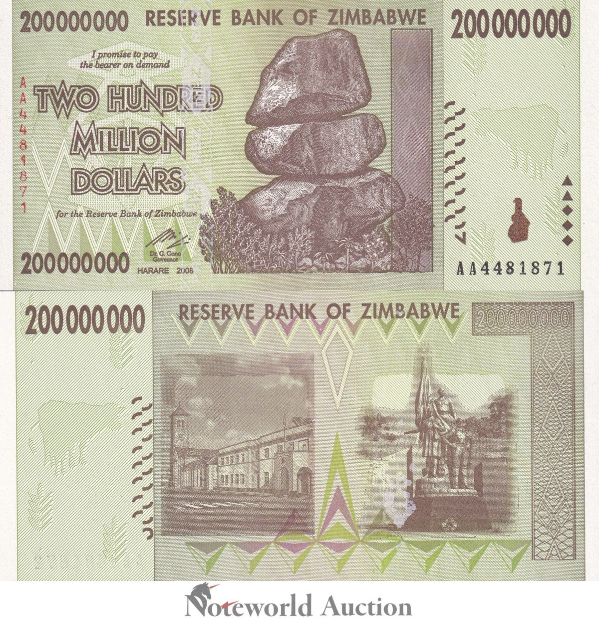 ZIMBABWE 200000000 Dollars 2008 P 81 First Prefix AA UNC