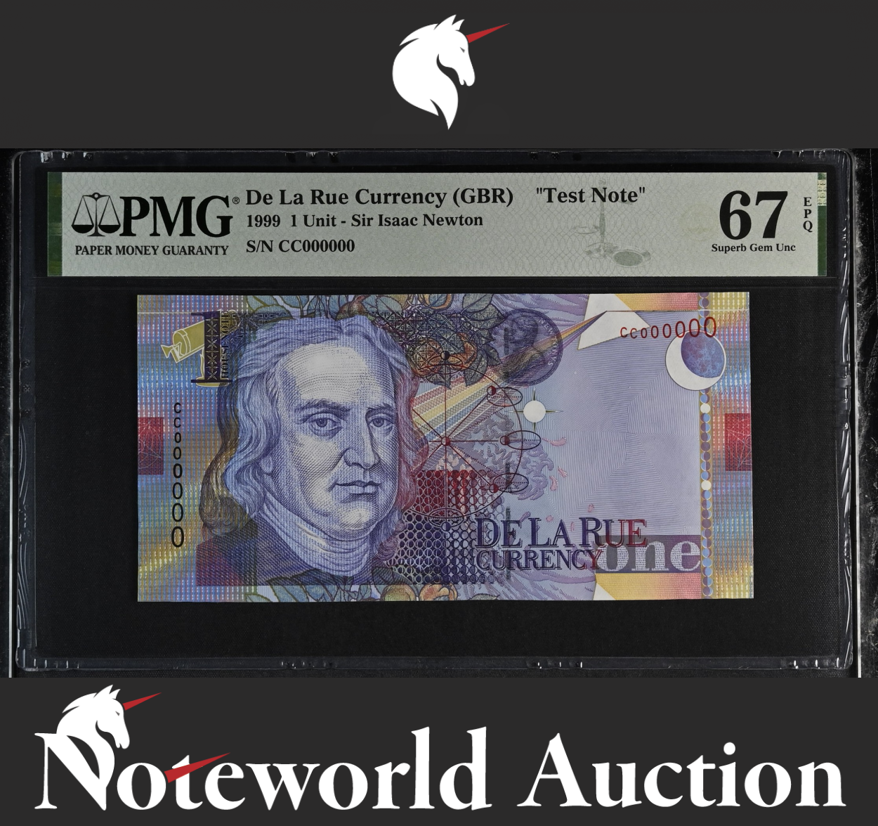 De La Rue (GBR) TEST NOTE - 1 Unit 1999 Sir Isaac Newton Specimen UNC PMG 67 EPQ