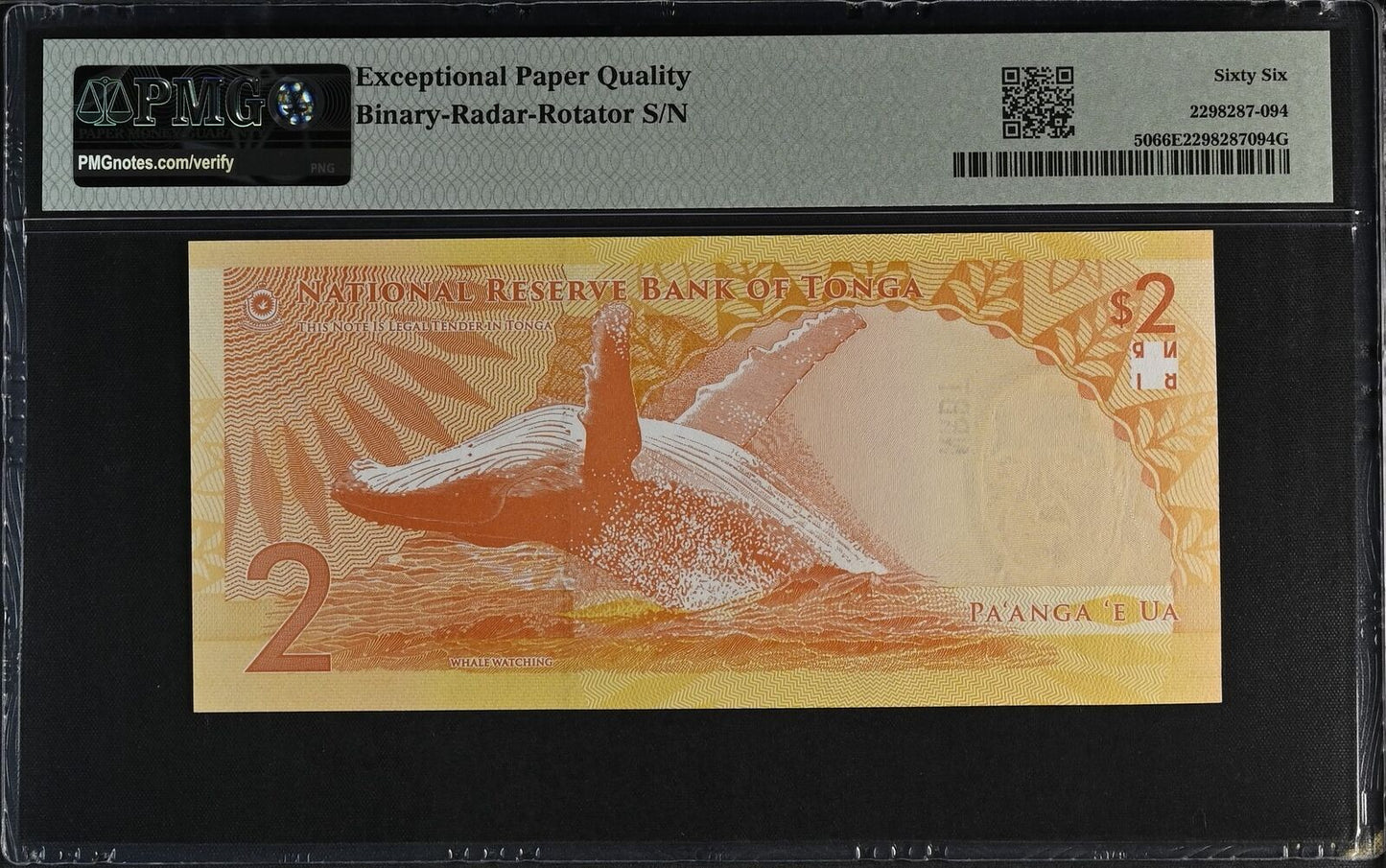TONGA 2 Pa'anga 2023 P 50 Fancy Binary-Radar-Rotator NO.A011110 UNC PMG 66 EPQ