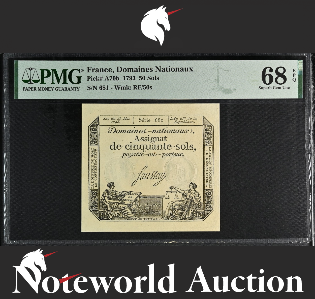 France Domaines Nationaux 50 Sols 1793 P A70b UNC PMG 68 EPQ TOP POP